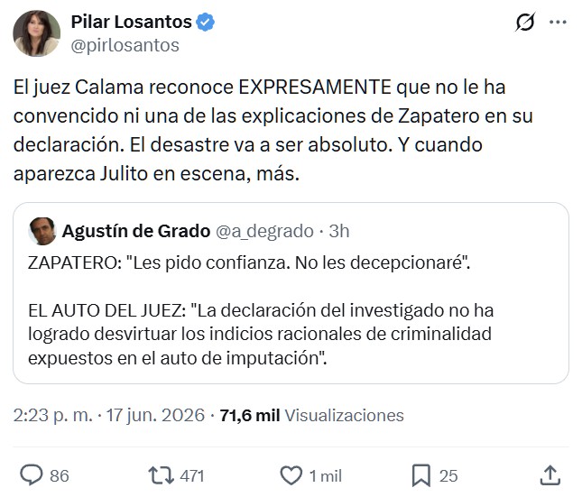 El Juez Calama dice que la declaración de ZP no ha neutralizado ninguno de los indicios en su contra: sigue pareciendo culpable.