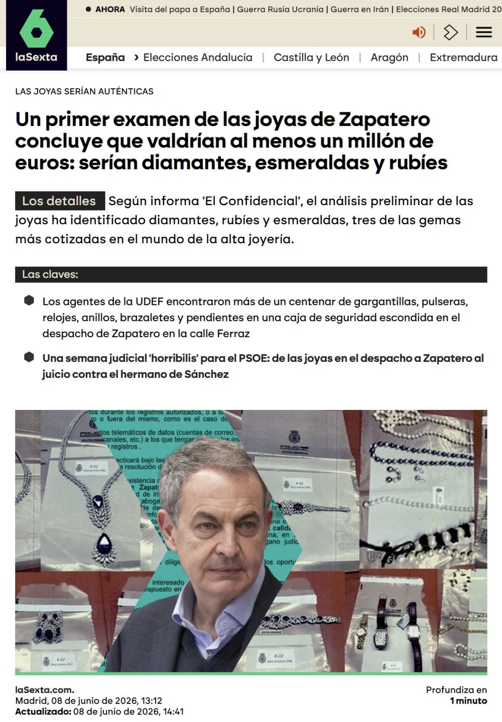 Se confirma que las joyas incautadas a Zapatero superan el millón de euros.