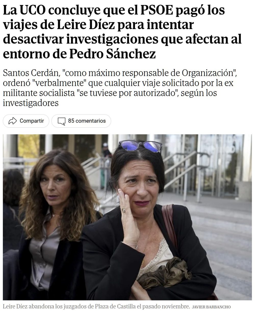 La UCO concluye que el PSOE pagó los viajes de Leire Díez para intentar desactivar investigaciones que afectan al entorno de Pedro Sánchez.