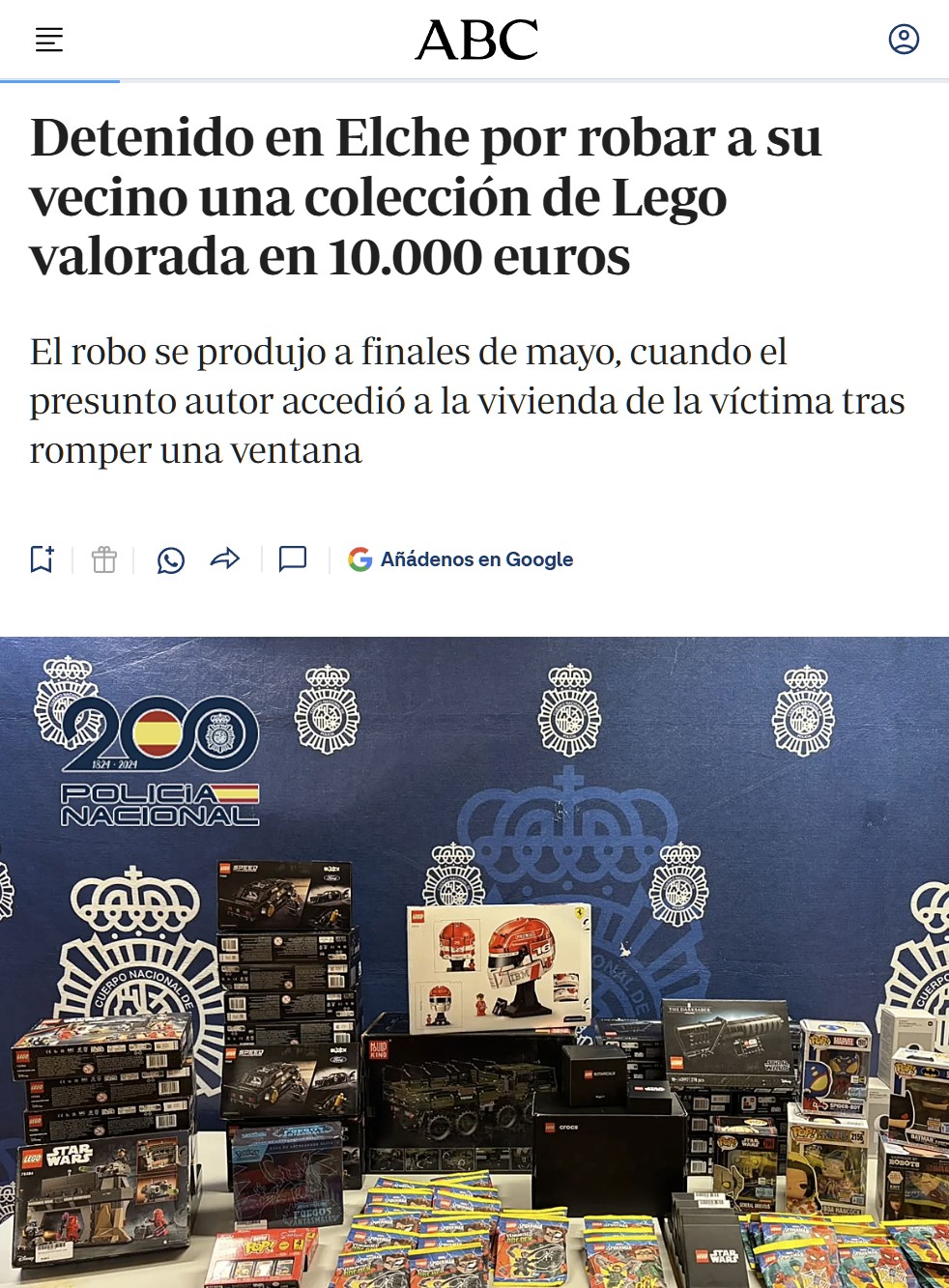 Detenido en Elche por robar a su vecino una colección de Lego valorada en 10.000 euros