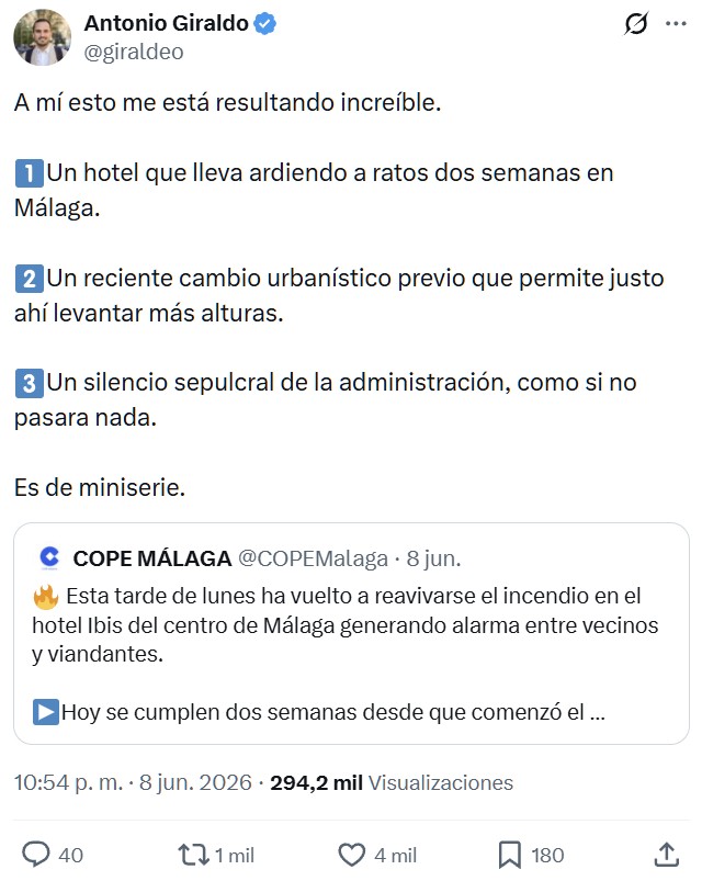 ¿Sabíais que hay un hotel en el centro de Málaga que lleva 2 semanas ardiendo?