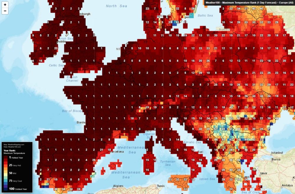 Este mapa muestra la clasificación de la temperatura máxima prevista para el 23 de junio de 2026 en toda Europa, en comparación con la misma fecha del calendario de los últimos 100 años.