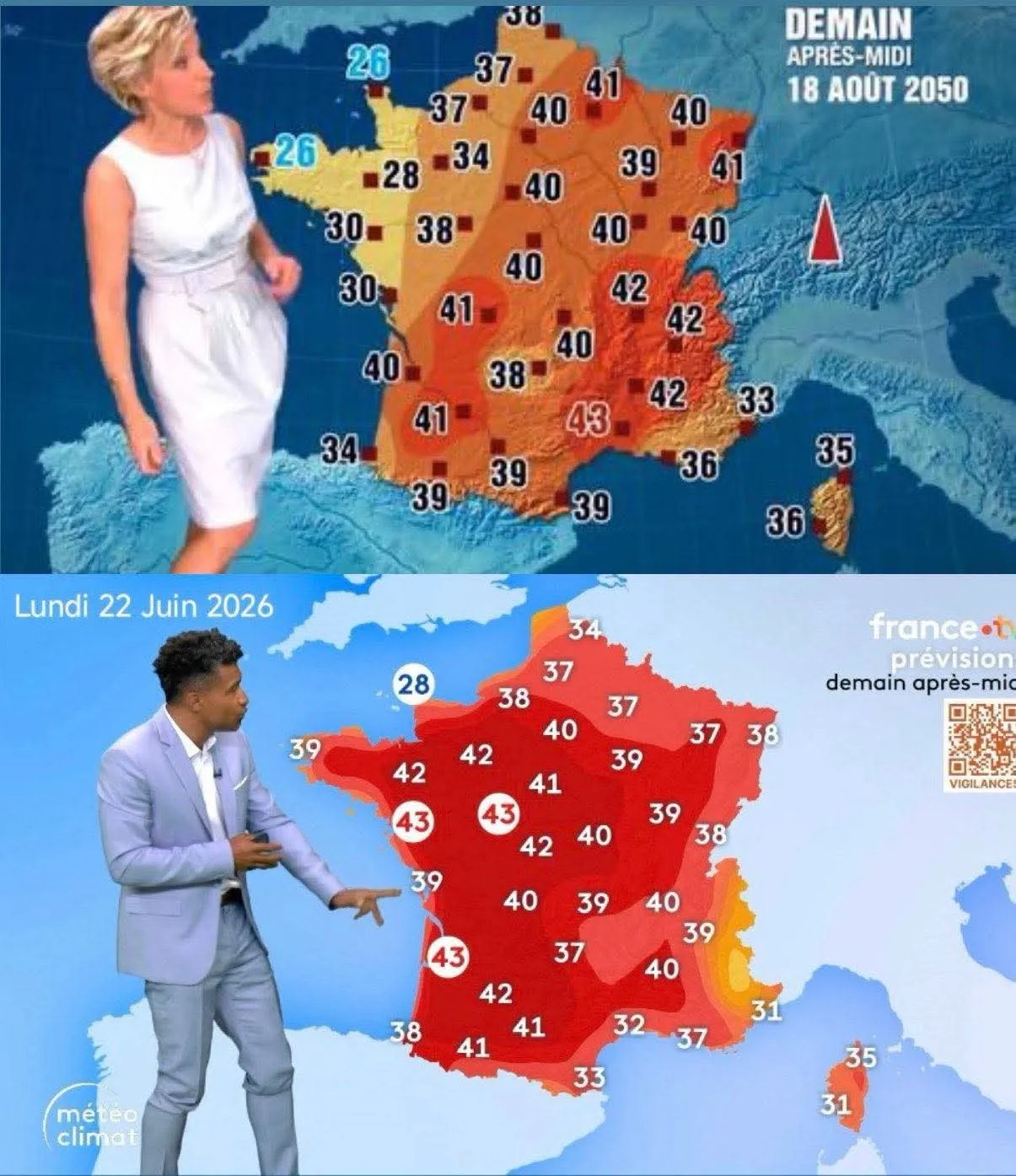 Cuando la realidad supera al a ficción: Pronóstico ficticio para agosto de 2050, emitido por la televisión francesa en 2014 para alertar sobre las consecuencias del calentamiento global.