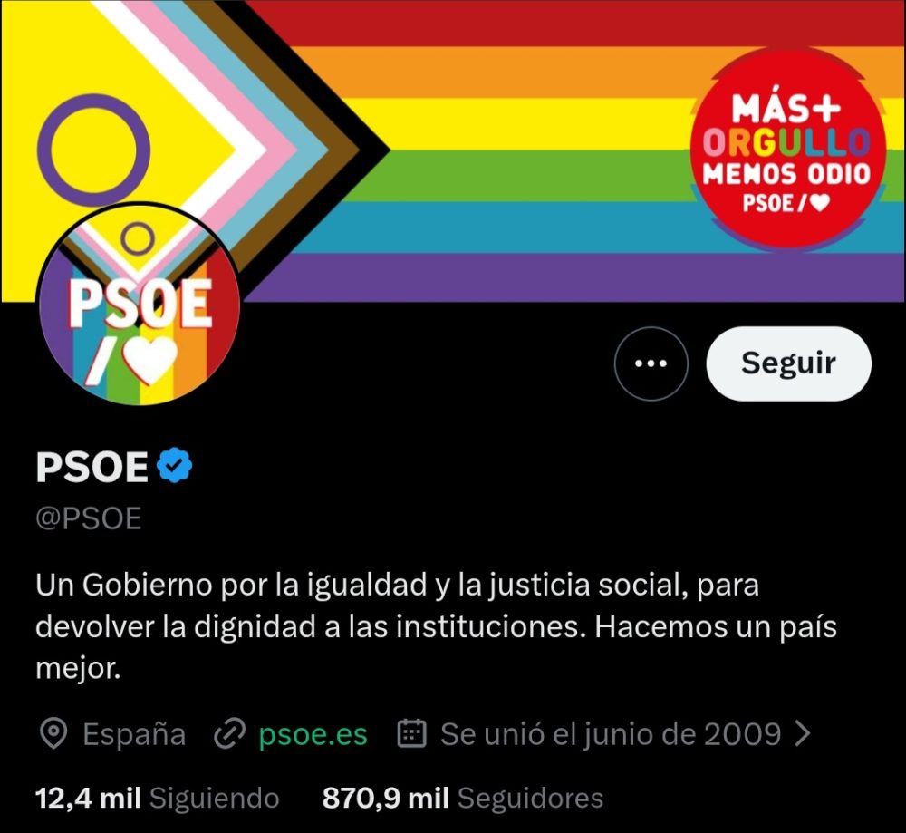 El PSOE ha actualizado su perfil en redes sociales por el mes del Orgullo.