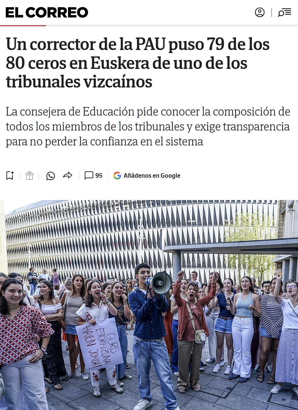 Un corrector de la PAU puso 79 de los 80 ceros en euskera de los colegios vizcaínos