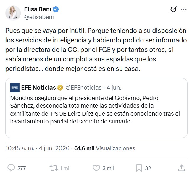 Sánchez siente "decepción e indignación" tras las últimas informaciones y es "muy claro": "Nunca he conocido ni nunca se me ha informado sobre las andanzas de Leire Díez. Nunca lo hubiera tolerado. Que los ciudadanos no tengan ninguna duda"