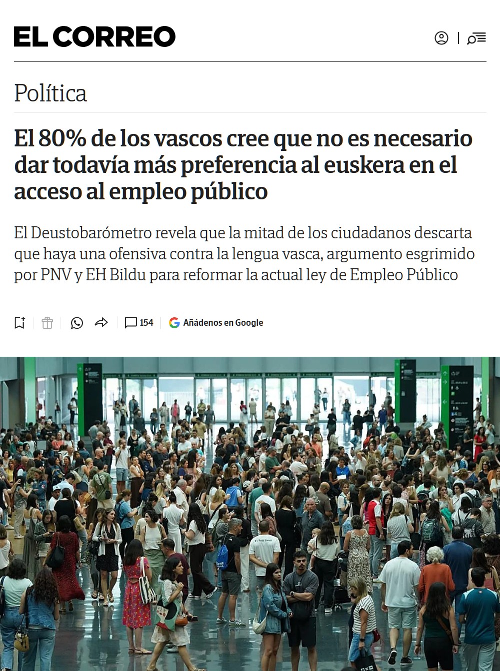 Un 80% de los vascos cree que no es necesario dar más preferencia al euskera en el acceso al empleo público.