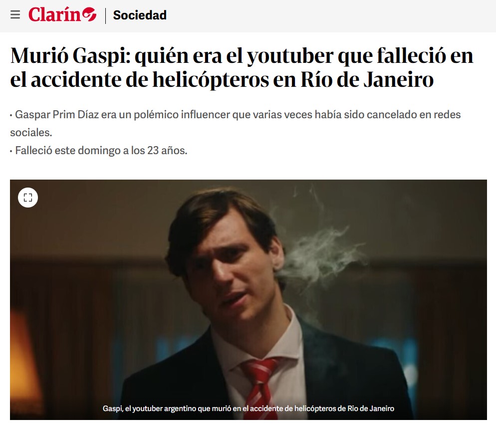 Muere Gaspi a los 23 años en un accidente de helicóptero en Río de Janeiro.