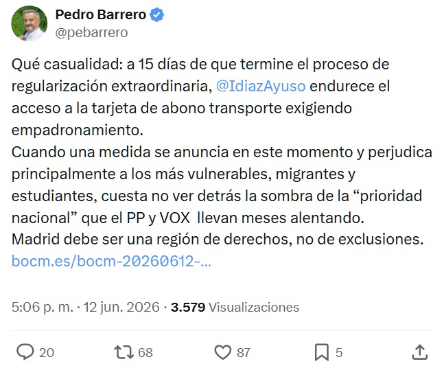 Es una injusticia que en Madrid haya que empezar a empadronarse para conseguir el bono transporte como en la mayoría de ciudades.