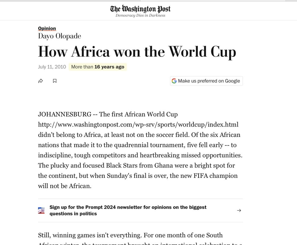 Cuando Francia ganó el Mundial, The Washington Post publicó una tribuna que recibió numerosos elogios, con este titular: "África ganó el Mundial".