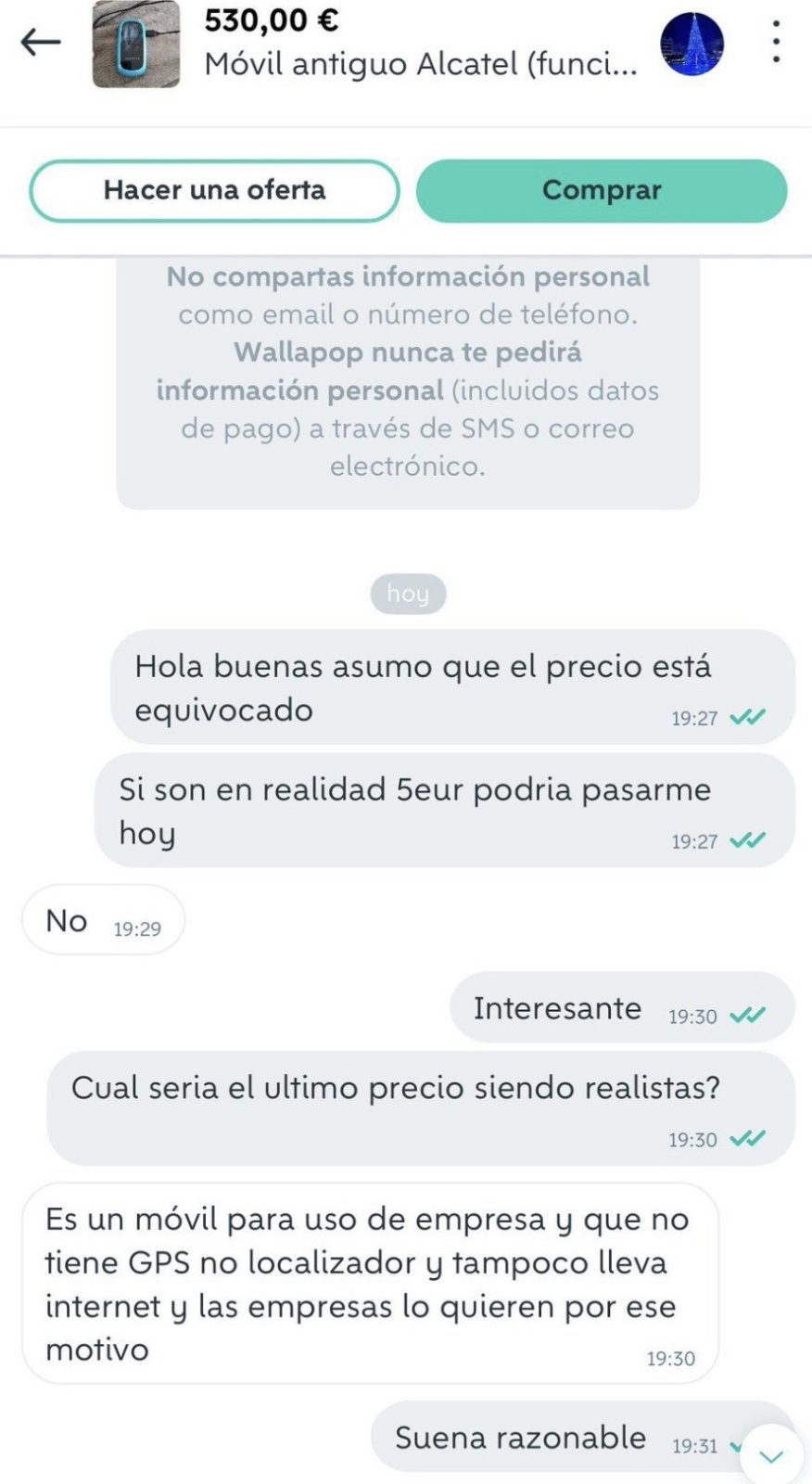 Intercambio sosegado de pareceres en Wallapop.