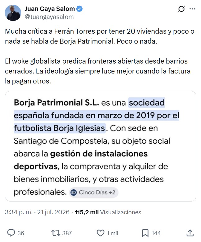 Ferrán es todo lo que no le gusta a la izquierda: exitoso, guapo, español de pura cepa, hijo de un albañil (meritocracia) y creyente.