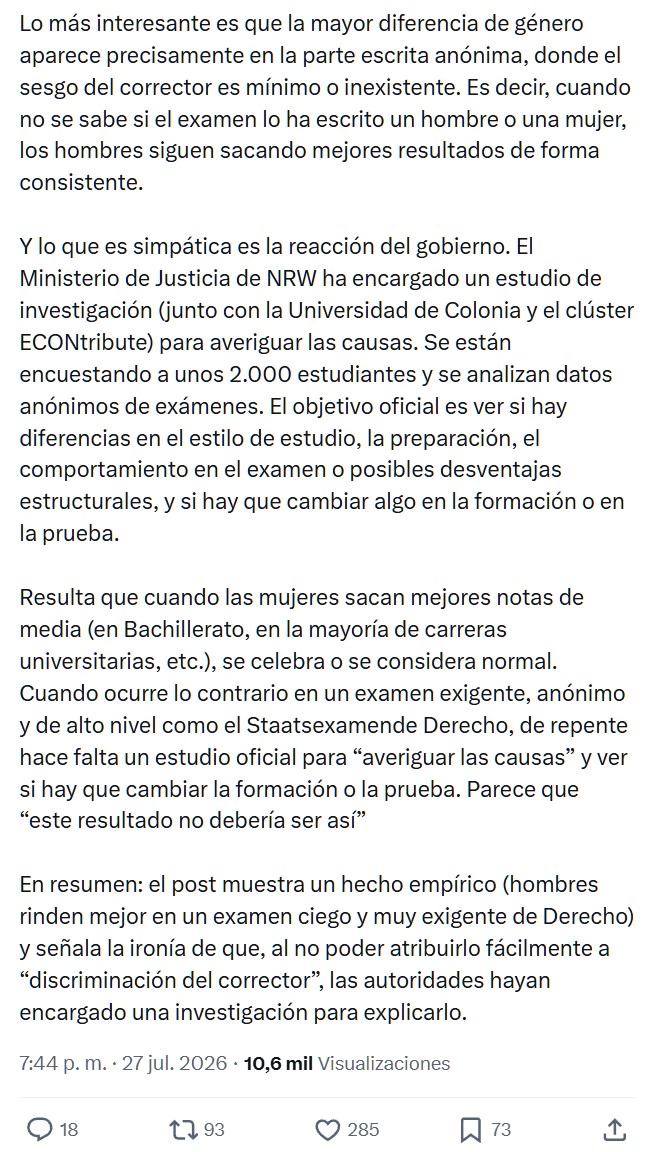 Hombres superan a mujeres en el examen estatal de Derecho alemán (corregido a ciegas).