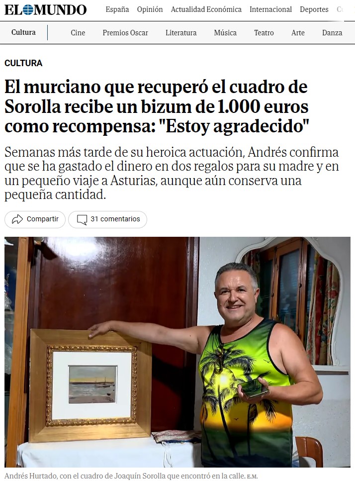 El murciano que se encontró el Sorolla ha recibido un bizum de 1000 euris.