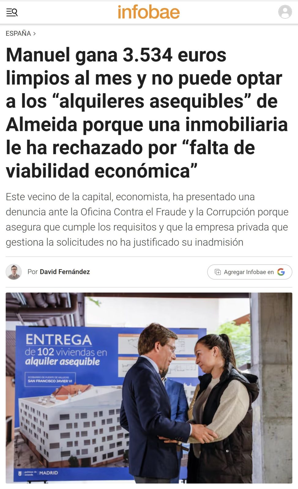 Alguien que gana 3534 euros al mes no cobra lo suficiente para optar a los "alquileres asequibles" de Almeida.