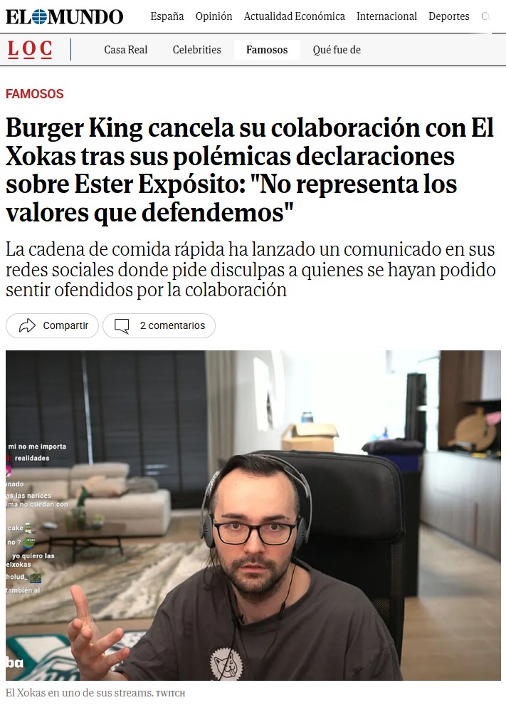 Burger King cancela su colaboración con El Xokas: "He ganado más con la promo de Burger King que tus padres trabajando 20 años, cerdito".