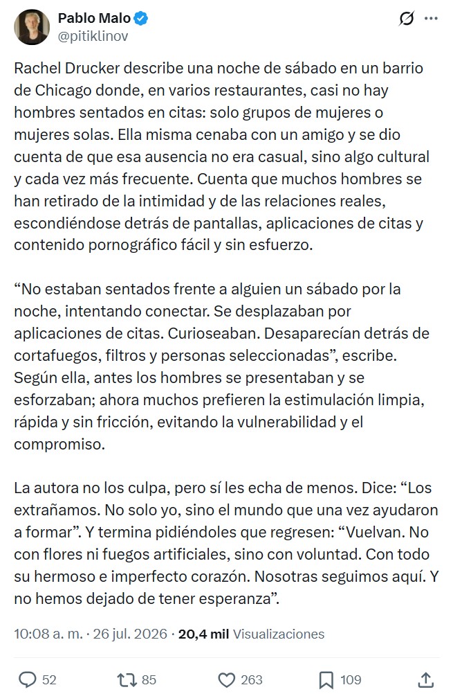 La autora de este artículo cuenta cómo observa que los hombres han desaparecido de muchos espacios y les dice que les echa de menos y que vuelvan.
