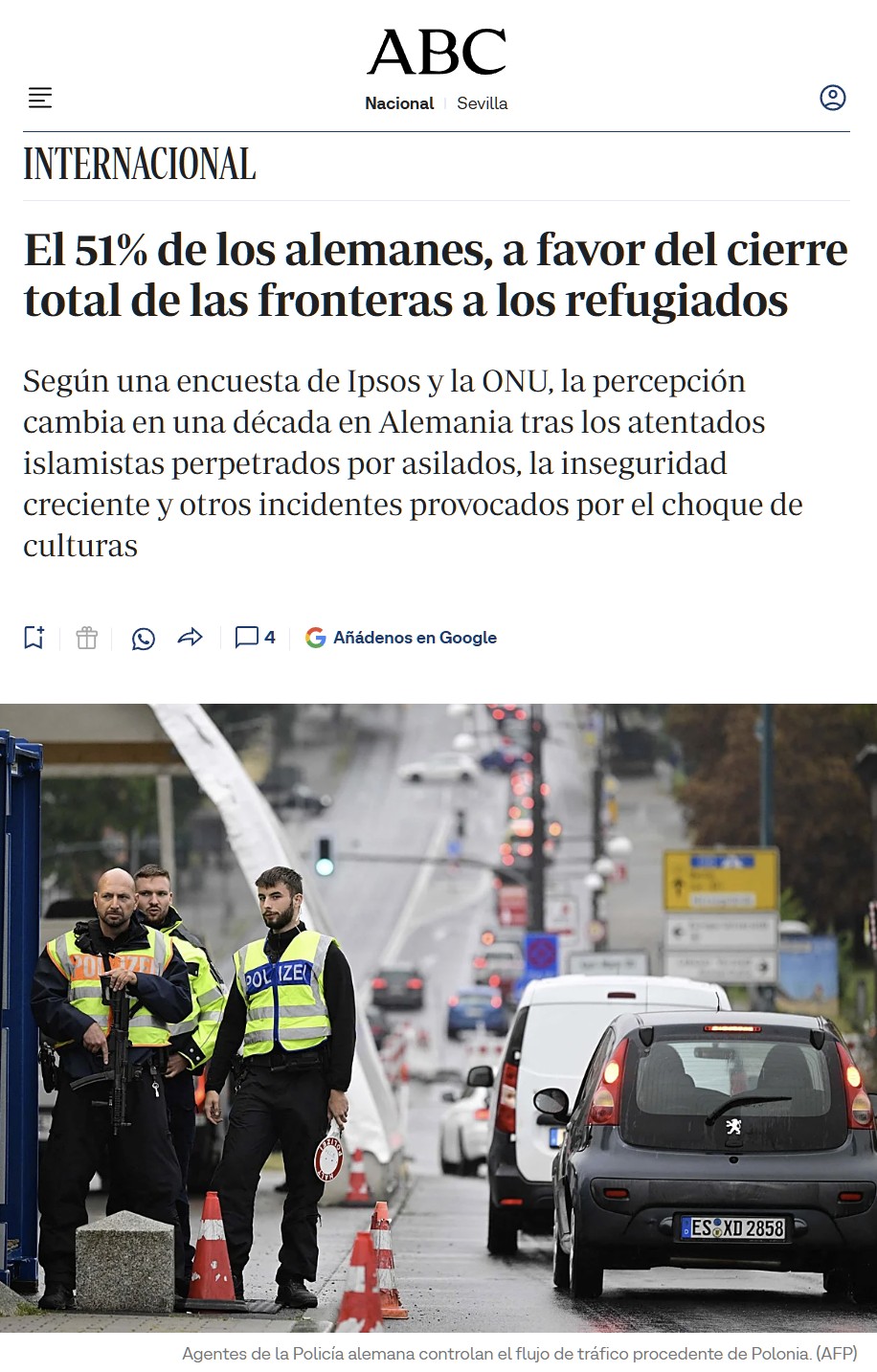 La mayoría de los alemanes quiere cerrar las fronteras.