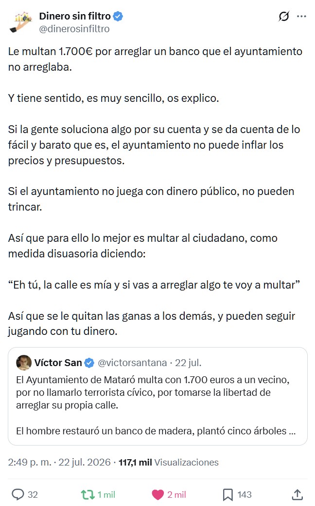 Un vecino de Mataró ha sido multado con 1.800 € por el ayuntamiento por haber plantado árboles y arreglado los bancos de la ciudad.