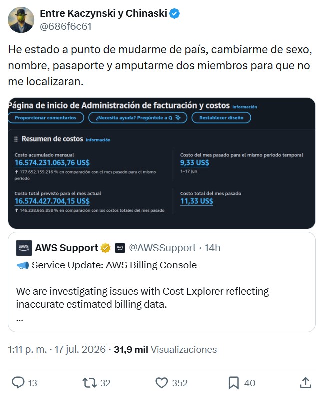Ayer algo falló en el sistema de facturación de la empresa de servidores más grande del mundo, y a mucha gente le dio un microinfarto al ver que AWS les iba a facturar 1,5 BILLONES de euros.