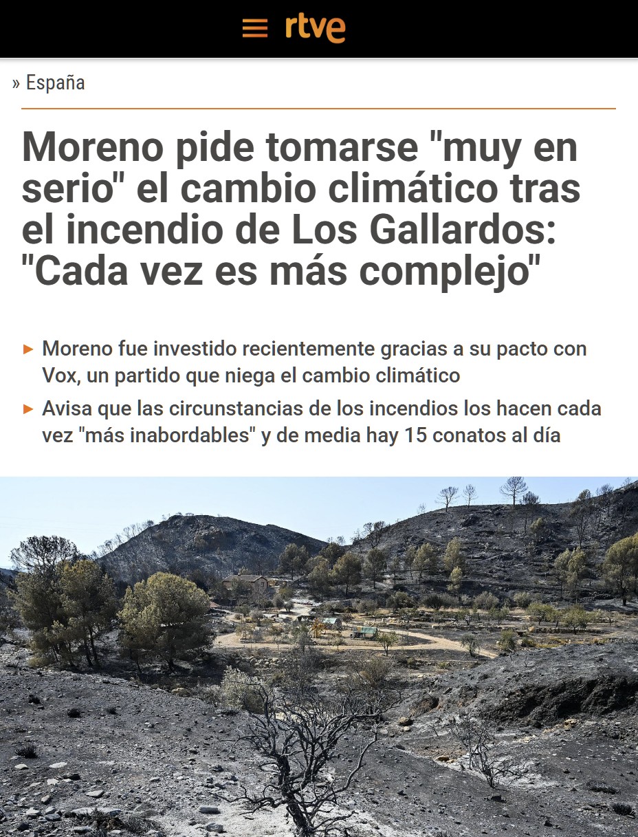 Moreno pide tomarse "muy en serio" el cambio climático tras el incendio de Los Gallardos: "Cada vez es más complejo"