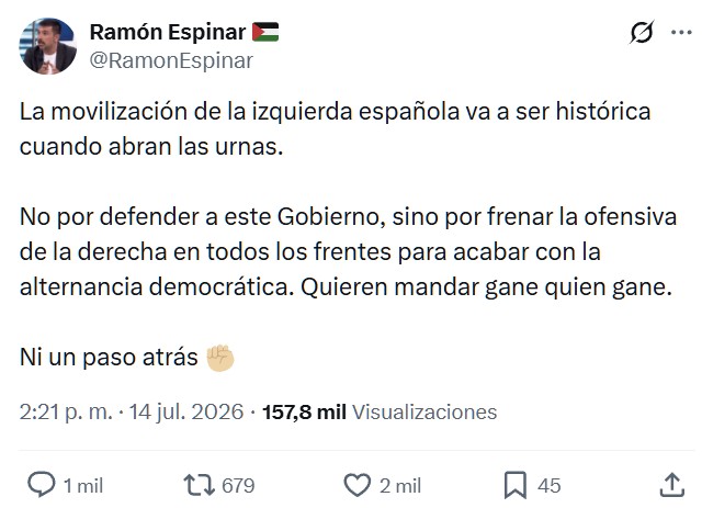 Ramón Espinar: "La movilización de la izquierda española va a ser histórica cuando abran las urnas"