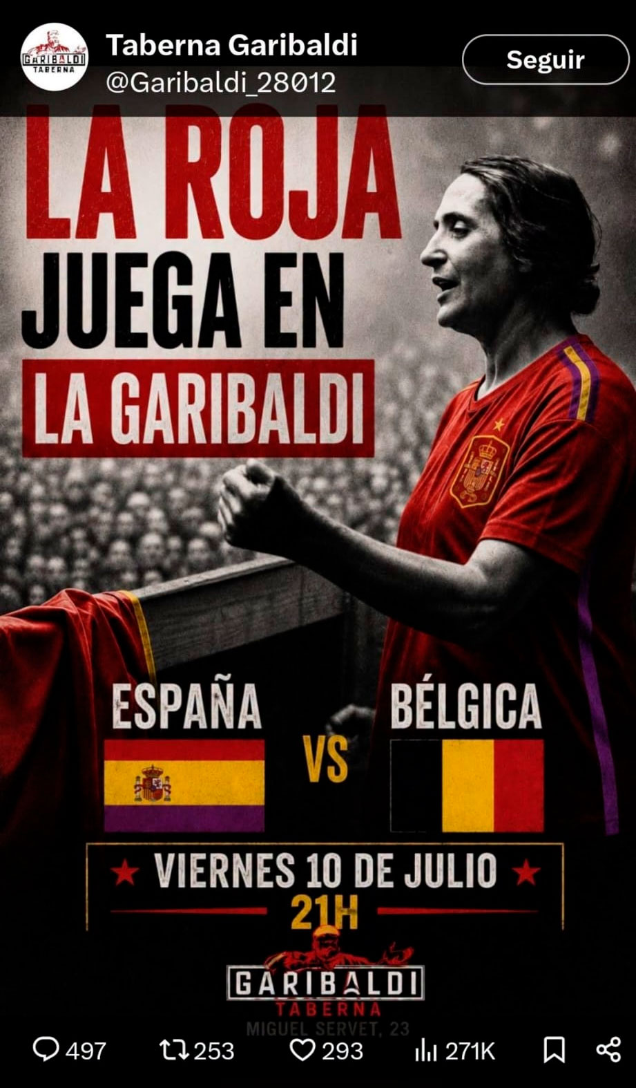 Así promocionan los rojelios el España - Bélgica en la taberna Garibaldi.