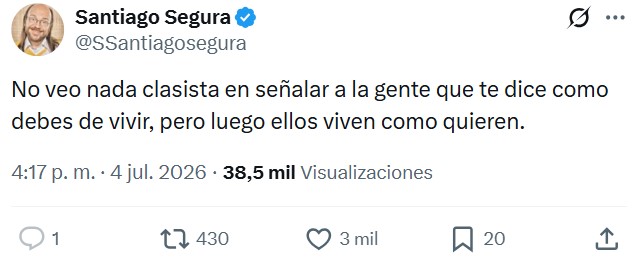 Santiago Segura señala a los pijo-progres que te piden que aceptes los frutos de la ideología que ellos no sufren desde su adosado de 1,5 millones.