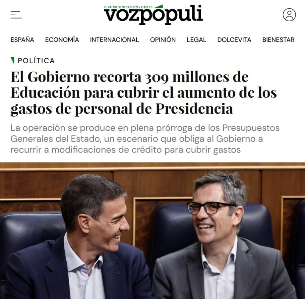 El Gobierno recorta 309 millones de Educación para cubrir el aumento de los gastos de personal de Presidencia.