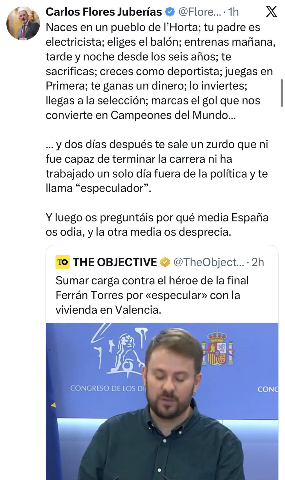 Ferrán es todo lo que no le gusta a la izquierda: exitoso, guapo, español de pura cepa, hijo de un albañil (meritocracia) y creyente.