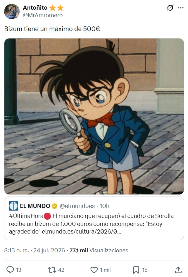 El murciano que se encontró el Sorolla ha recibido un bizum de 1000 euris.