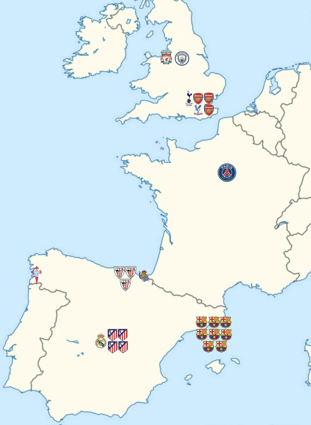 Equipos actuales de los jugadores de la selección española.