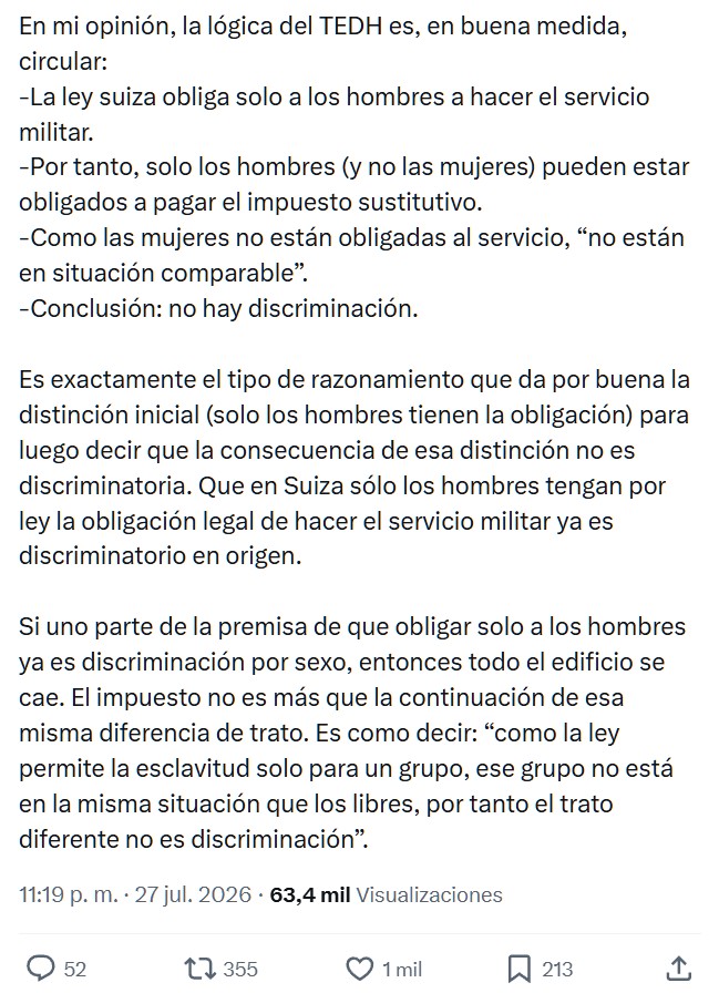 El Tribunal Europeo de Derechos Humanos se salta la igualdad entre sexos.