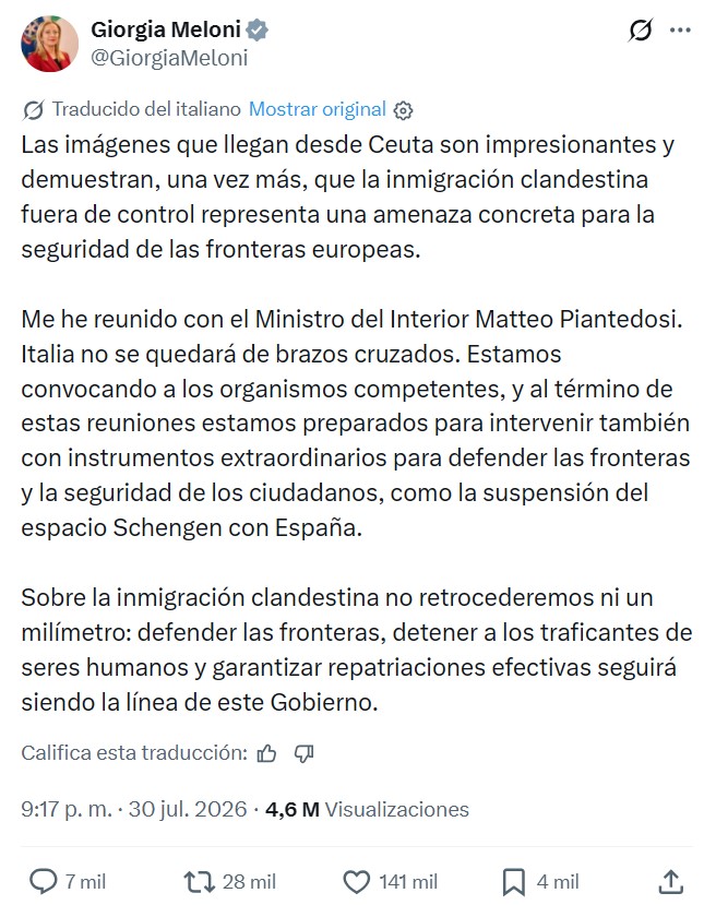 Giorgia Meloni plantea suspender el espacio Schengen con España para evitar que los inmigrantes que están entrando ilegalmente en España se repartan por Europa.