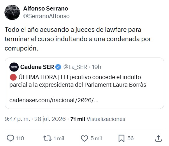 Vicente Vallés: "No podían meter a Laura Borrás en la amnistía, y Moncloa ha decretado indulto para que no entre en prisión. También ha indultado a Juan Fernández, alcalde socialista de Linares, condenado por malversación. Moncloa no ha informado de nada".