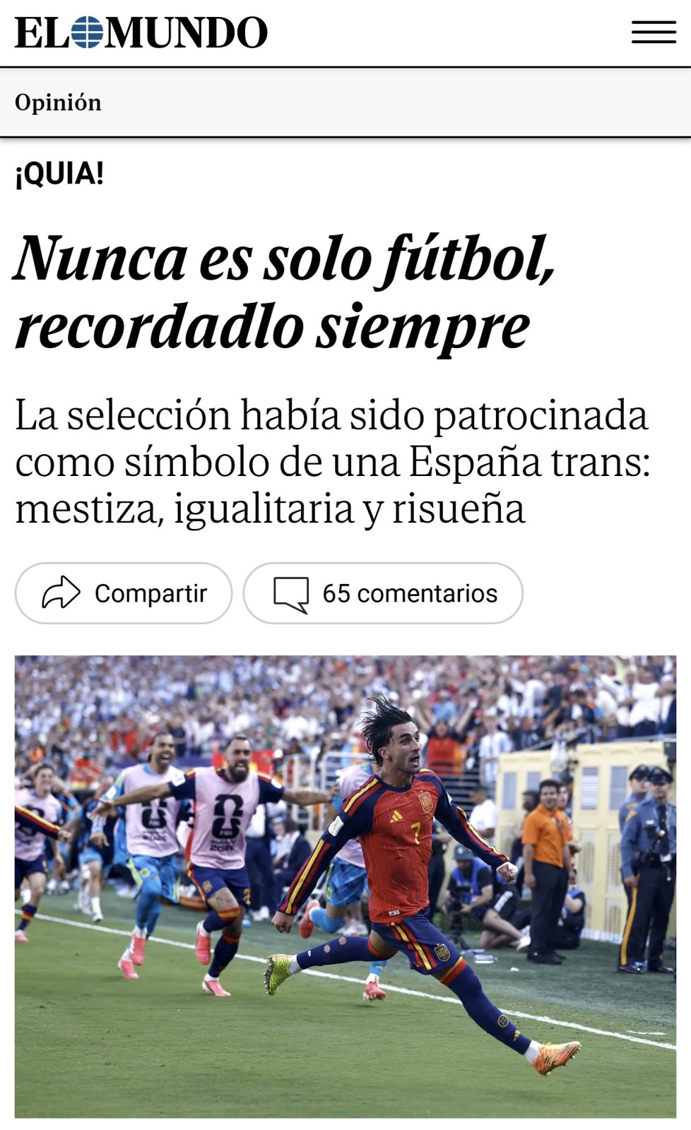Han publicado un artículo de Arcadi Espada donde se comenta la derrota de la selección española en el Mundial. Se ve que había mandado dos versiones, una por si ganaba la selección y otra por si perdía y han publicado por error la que perdía.