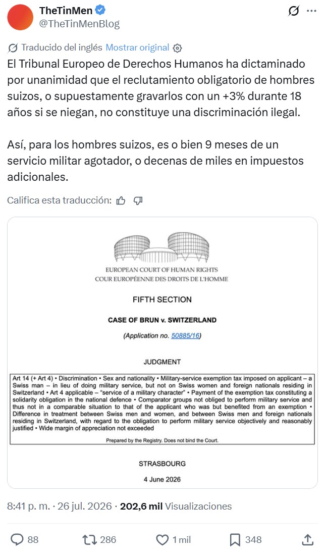 El Tribunal Europeo de Derechos Humanos se salta la igualdad entre sexos.