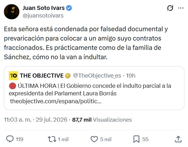 Vicente Vallés: "No podían meter a Laura Borrás en la amnistía, y Moncloa ha decretado indulto para que no entre en prisión. También ha indultado a Juan Fernández, alcalde socialista de Linares, condenado por malversación. Moncloa no ha informado de nada".