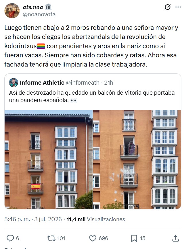 El antes y el después de la terraza de Vitoria en la que se había colgado una bandera de España.