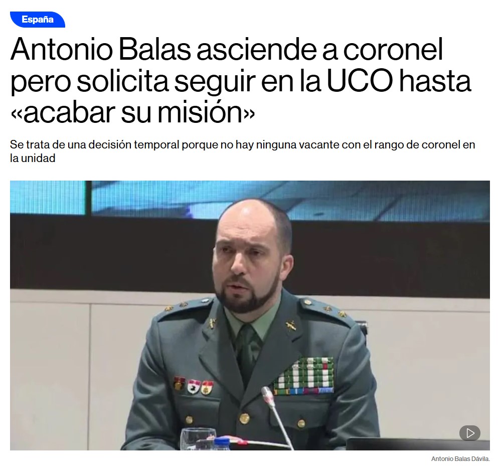 El teniente coronel Balas asciende a coronel, pero pide seguir en la UCO hasta acabar su misión