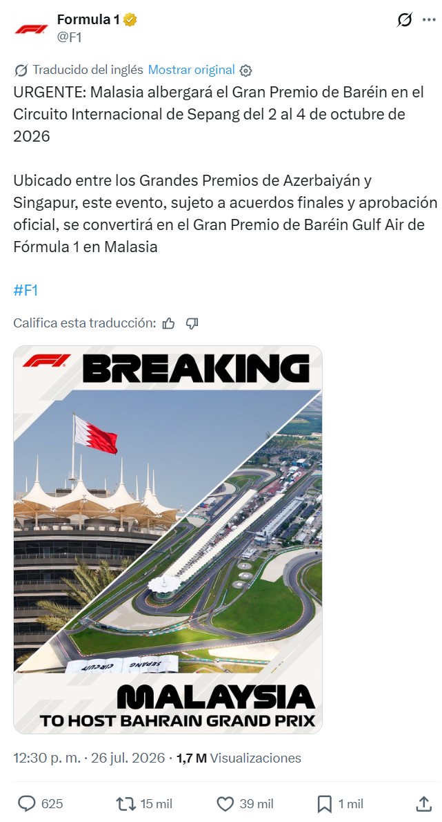 La F1 anuncia que el GP de Bahrain se celebrará en... Malasia.
