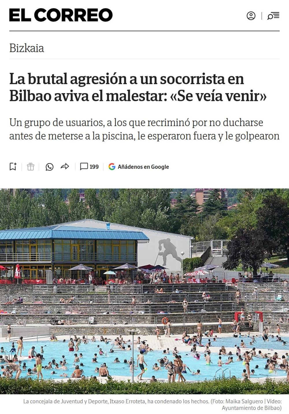 Brutal agresión a socorrista en Bilbao tras pedir que se ducharan.