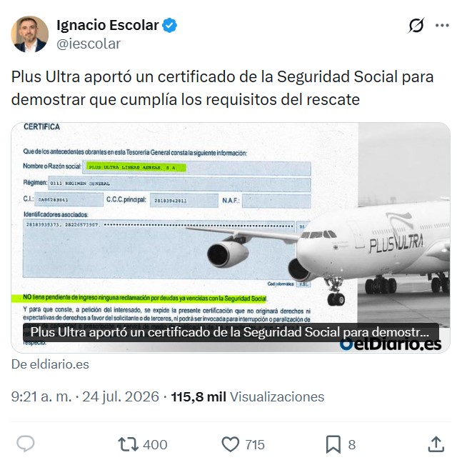 1. Plus Ultra no puede pedir el rescate porque debe dinero a la Seguridad Social.