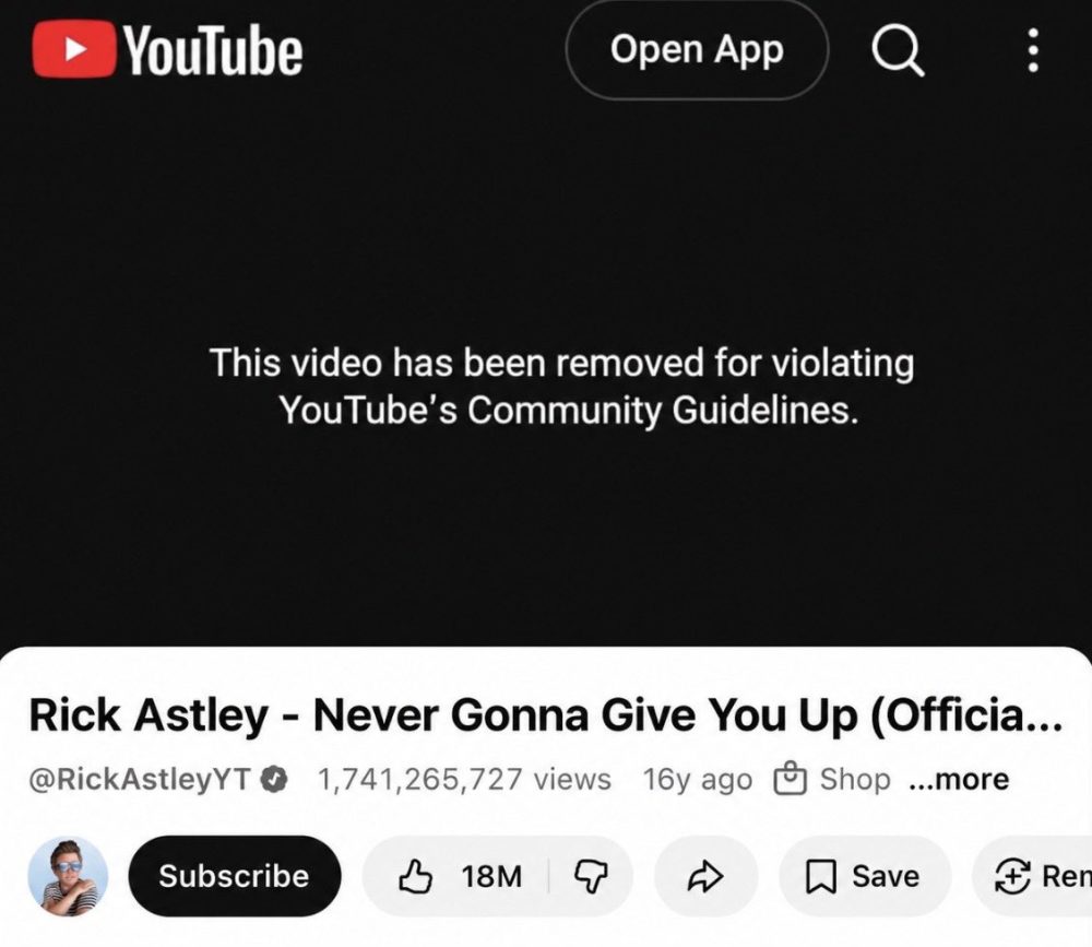 El fin de una era: Después de 14 años y 1.700 millones de visualizaciones, YouTube ha eliminado el Rick Roll original.