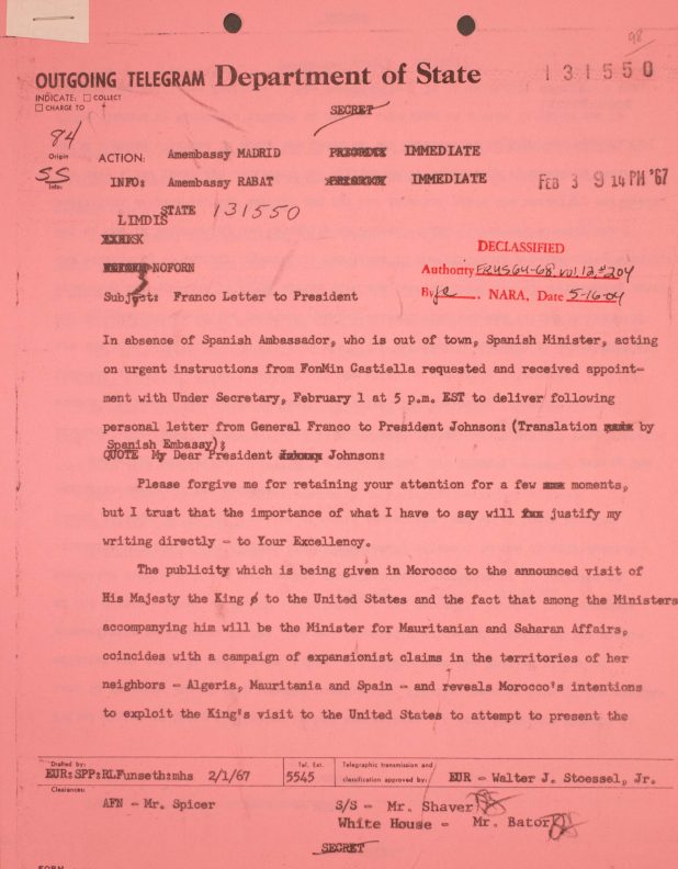 Carta de Franco al Presidente de EE.UU. en 1967 pidiendo que NO armaran a Marruecos por ser Nación "agresiva" y "desestabilizadora".
