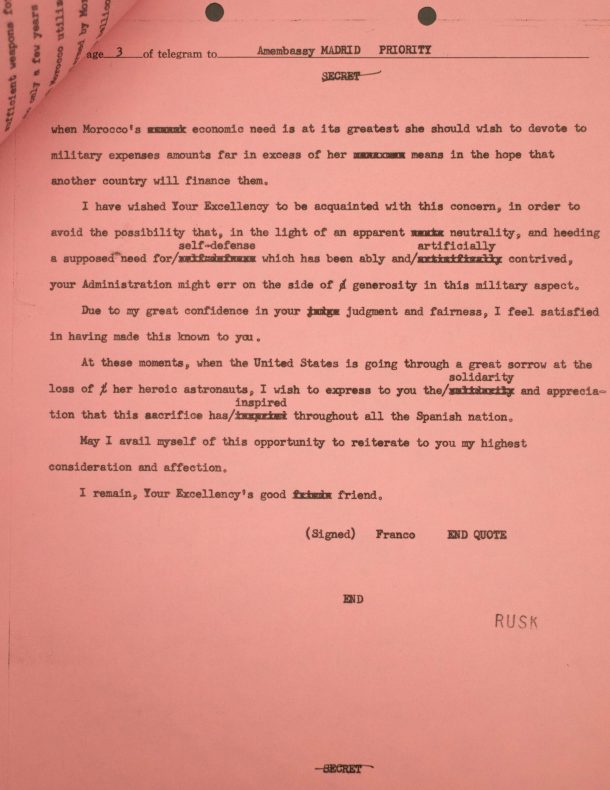 Carta de Franco al Presidente de EE.UU. en 1967 pidiendo que NO armaran a Marruecos por ser Nación "agresiva" y "desestabilizadora".