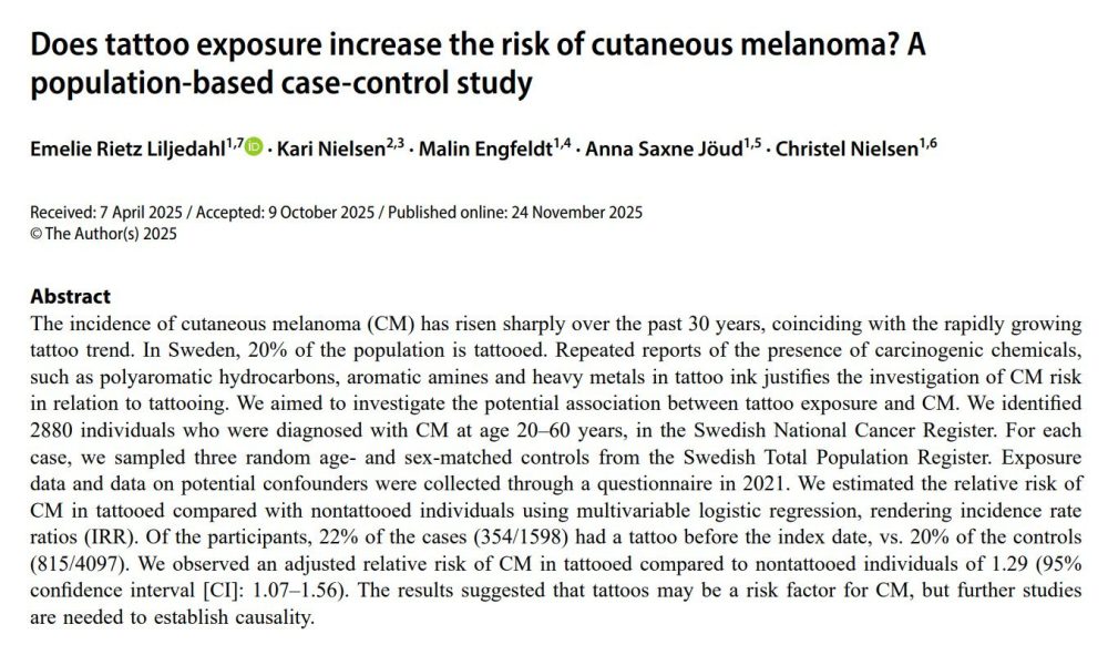 Tener tatuajes se asocia a un 29% más de riesgo de melanoma y a un 21% más de riesgo de linfoma maligno.