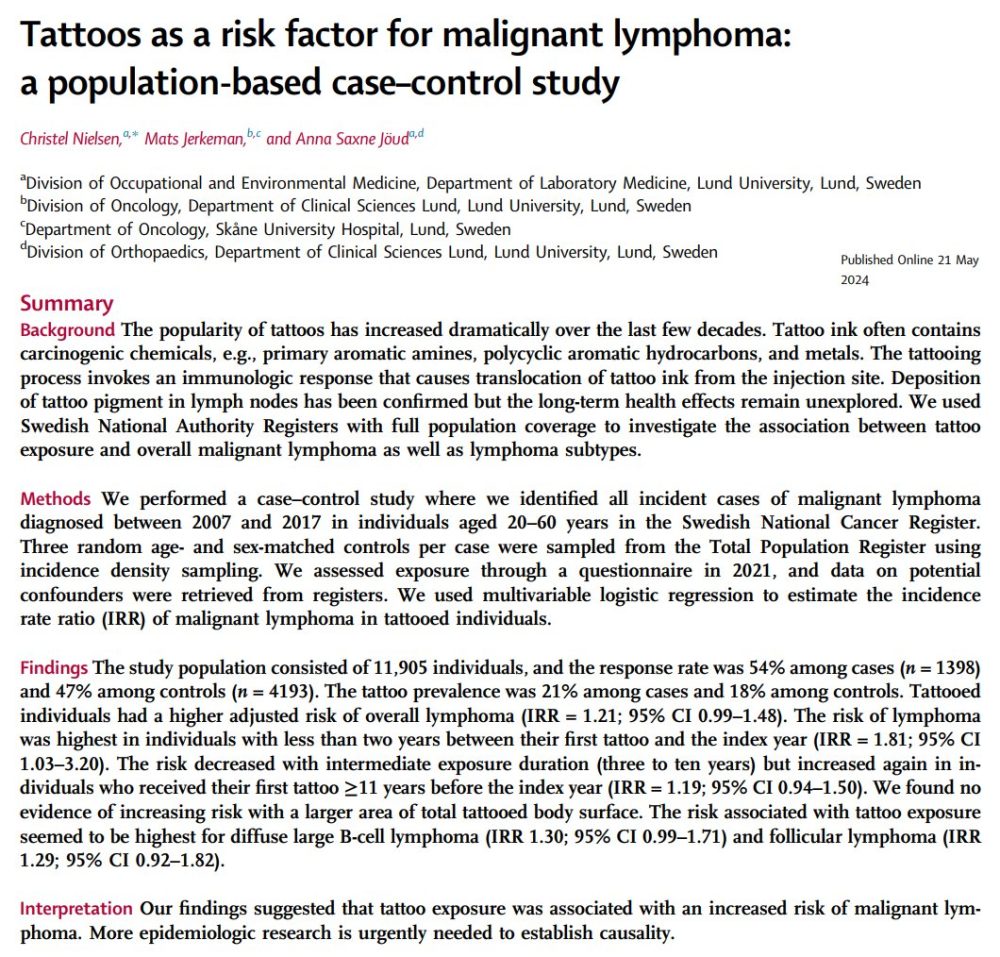 Tener tatuajes se asocia a un 29% más de riesgo de melanoma y a un 21% más de riesgo de linfoma maligno.