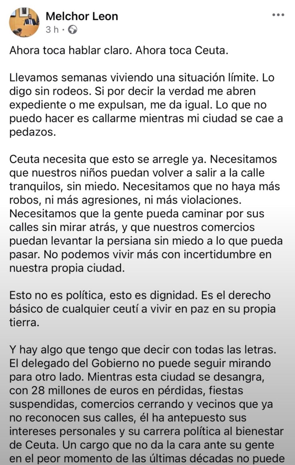 Melchor León (vicepresidente primero Asamblea de Ceuta, PSOE) se desmarca del gobierno de Pdro Snchz y del propio delegado del gobierno.