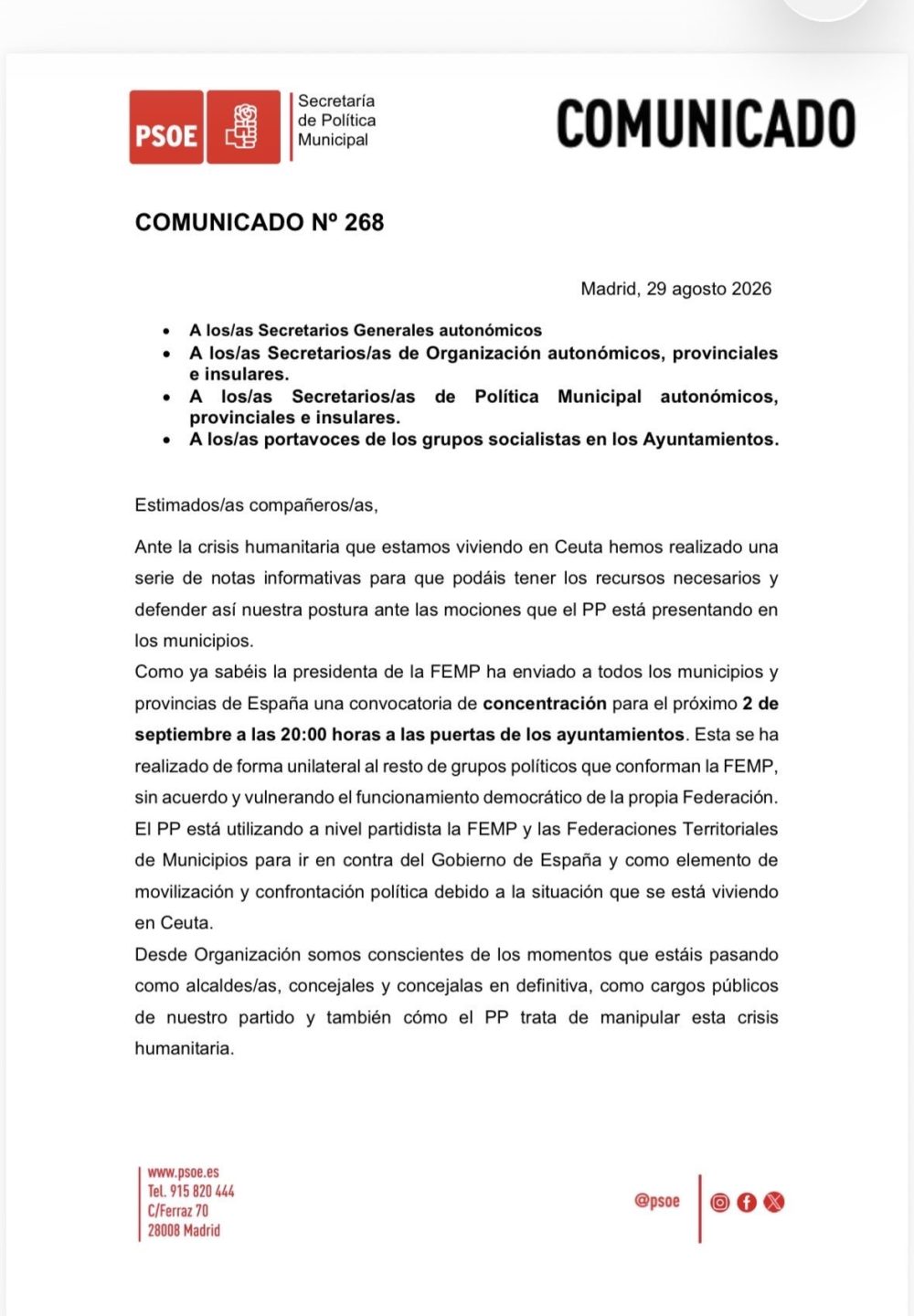 Este es el primer folio de la instrucción que el PSOE ha mandado a sus alcaldes para que NO se sumen a las concentraciones en solidaridad con los ceutíes del próximo día 2.